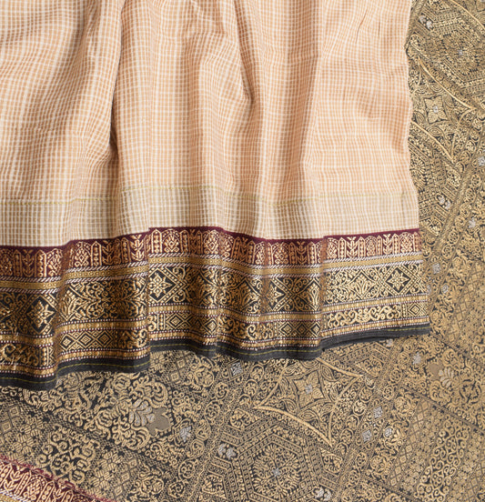 Sushila Vintage Beige Saree Pure Cotton Silk Checks Woven 6YD Sari Fabric
