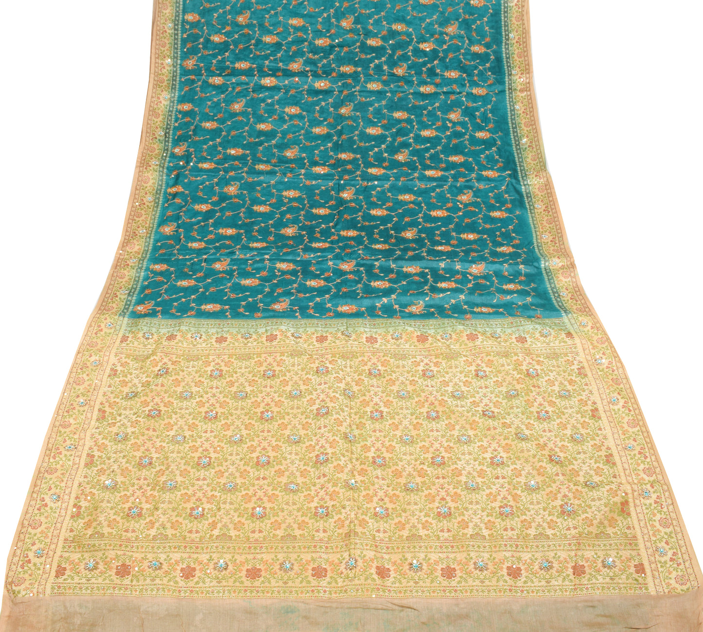 Sushila Vintage Teal Blue Saree Pure Tussar Silk Embroidered Zari Woven Sari Craft Fabric