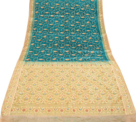 Sushila Vintage Teal Blue Saree Pure Tussar Silk Embroidered Zari Woven Sari Craft Fabric