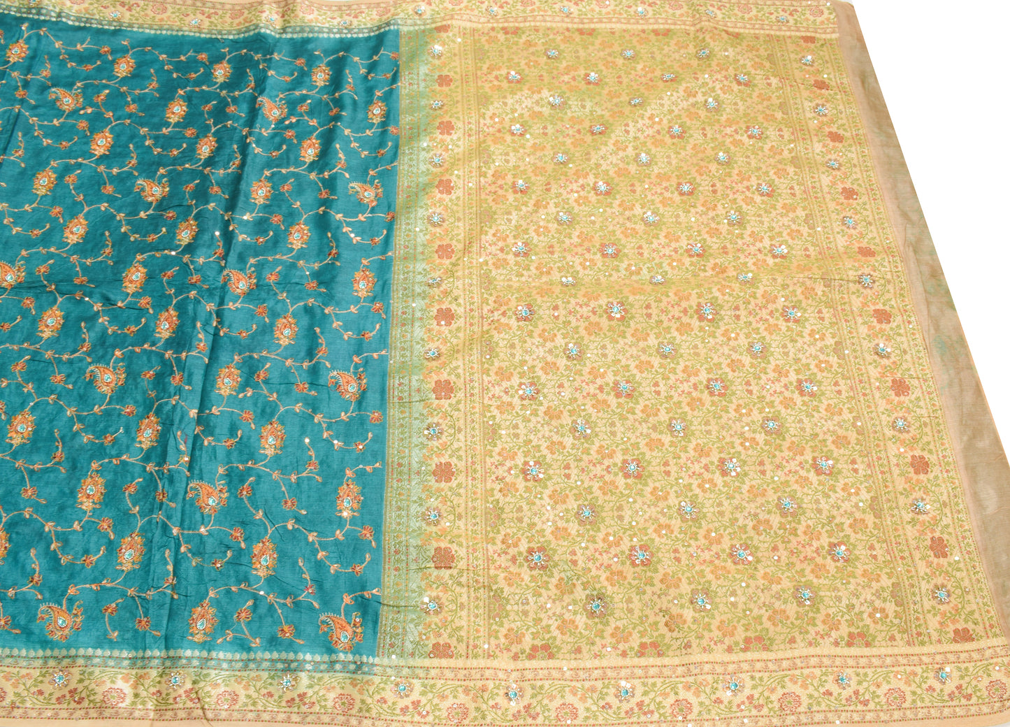 Sushila Vintage Teal Blue Saree Pure Tussar Silk Embroidered Zari Woven Sari Craft Fabric