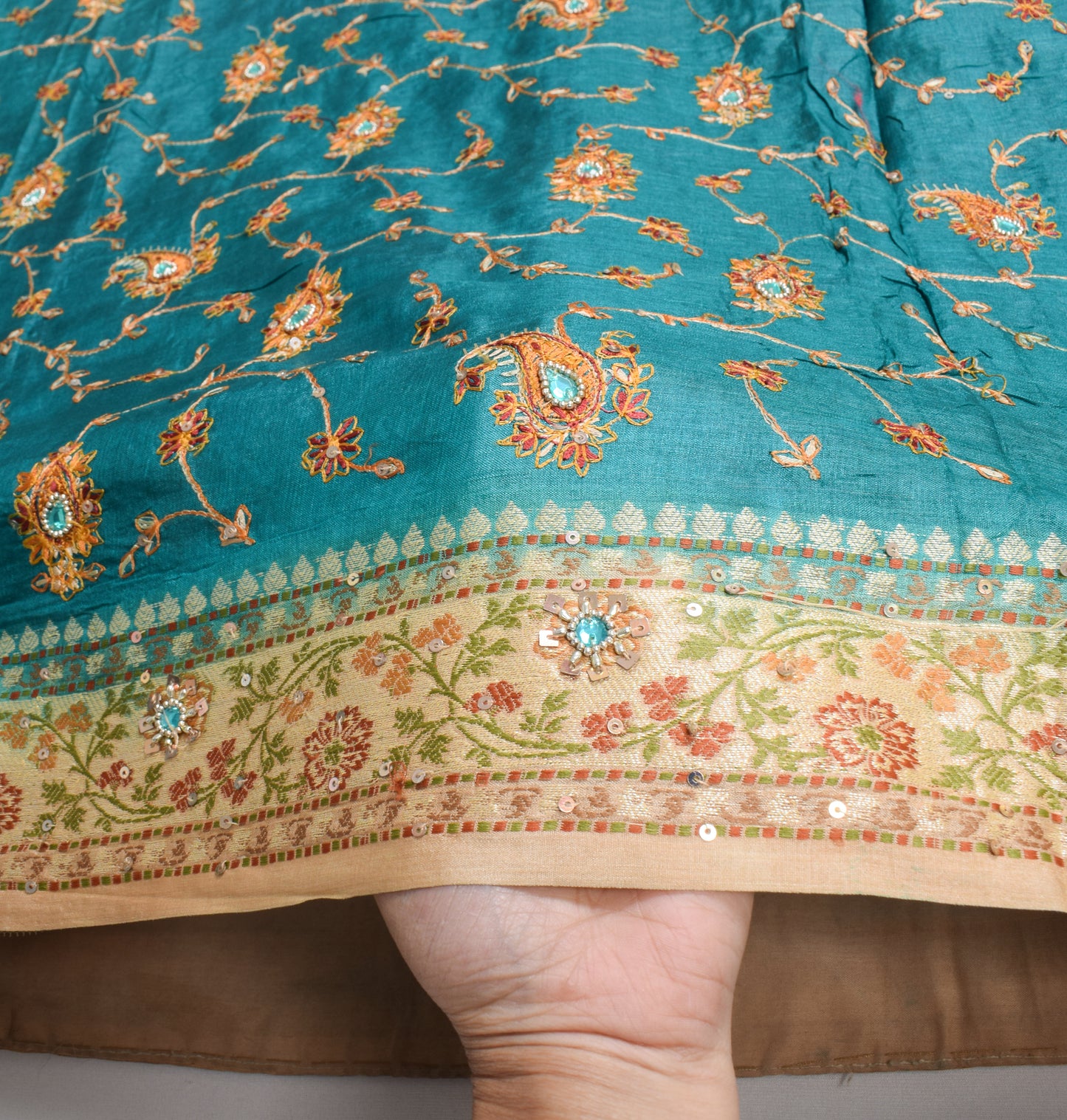 Sushila Vintage Teal Blue Saree Pure Tussar Silk Embroidered Zari Woven Sari Craft Fabric