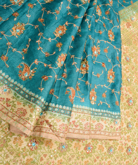 Sushila Vintage Teal Blue Saree Pure Tussar Silk Embroidered Zari Woven Sari Craft Fabric