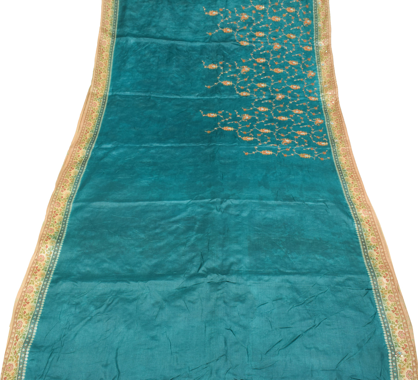 Sushila Vintage Teal Blue Saree Pure Tussar Silk Embroidered Zari Woven Sari Craft Fabric