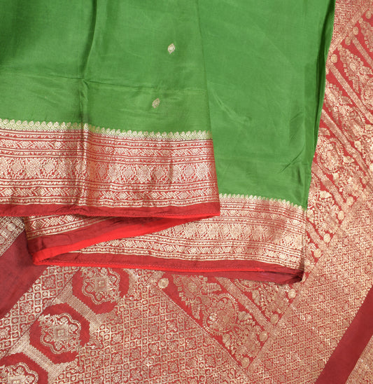 Sushila Vintage Green Pure Silk Saree Contrasted Red Zari Border and Pallu Sari Fabric