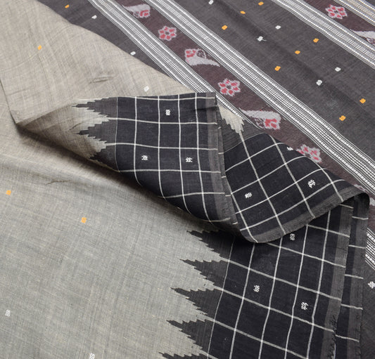 Sushila Vintage Hand Woven Ikat Saree Pure Cotton Gray Sambalpuri Sari Fabric
