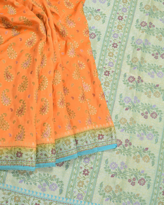 Sushila Vintage Orange Saree Pure Tussar Silk Paisley Woven Soft Sari Fabric