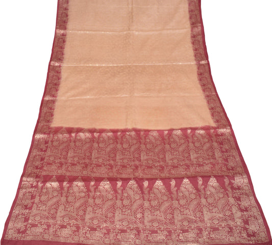 Sushila Vintage Light Peach Saree Floral Woven Pure Tussar Silk Sari Craft Fabric