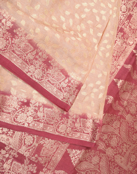 Sushila Vintage Light Peach Saree Floral Woven Pure Tussar Silk Sari Craft Fabric