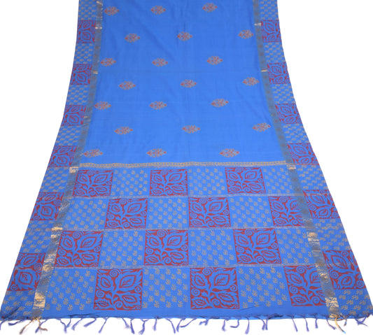 Sushila Vintage Royal Blue Saree Pure Cotton Block Print Zari Woven Sari Fabric