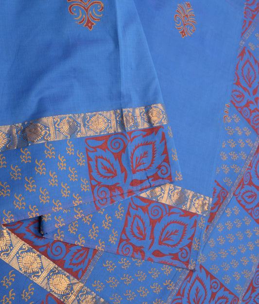Sushila Vintage Royal Blue Saree Pure Cotton Block Print Zari Woven Sari Fabric
