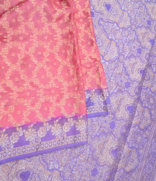 Sushila Vintage Pink Purple Saree Resham Woven Pure Tussar Silk Soft Sari Fabri