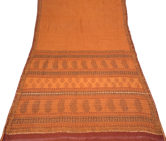 Sushila Vintage Rust Saree Pure Cotton Silk Hand Block Print & Zari Woven Soft Sari Fabric