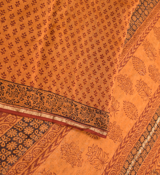 Sushila Vintage Rust Saree Pure Cotton Silk Hand Block Print & Zari Woven Soft Sari Fabric