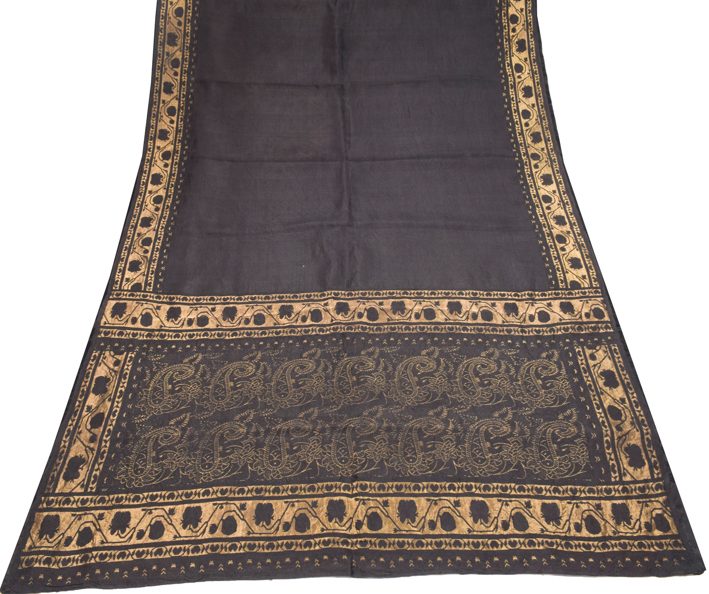 Sushila Vintage HEAVY Black Saree Brocade Border Pallu Pure Silk Sari