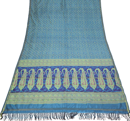 Sushila Vintage Turquoise Blue Saree Pure Silk Floral Printed Soft Sari Craft Fabric