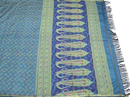 Sushila Vintage Turquoise Blue Saree Pure Silk Floral Printed Soft Sari Craft Fabric