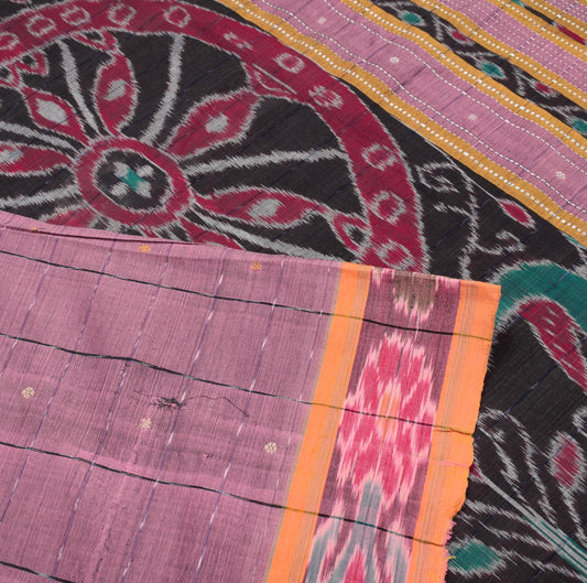Sushila Vintage Pink Saree Pure Cotton Silk Sambalpuri Ikat Sari Craft Fabric