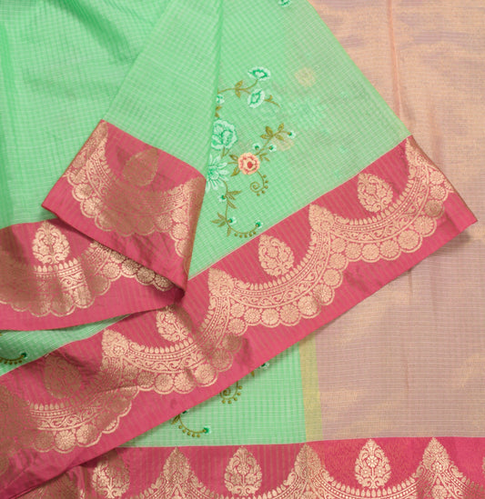 Sushila Vintage Green Art Silk Saree Contrast Zari Border Embroidered Sari Fabric