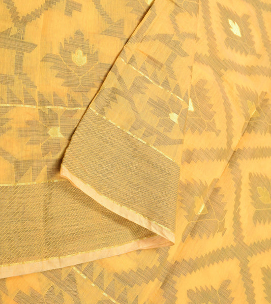 Sushila Vintage Dhakai Jamdani Saree Art Cotton Silk Yellow Woven Sari Fabric