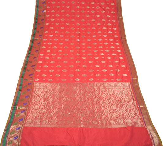 Sushila Vintage Red Banarasi Saree Zari Woven Art Silk Floral Sari Craft Fabric