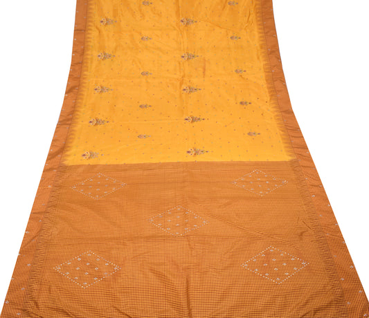 Sushila Vintage Mustard Pure Silk Saree Hand Woven & Embroidered Sari Fabric
