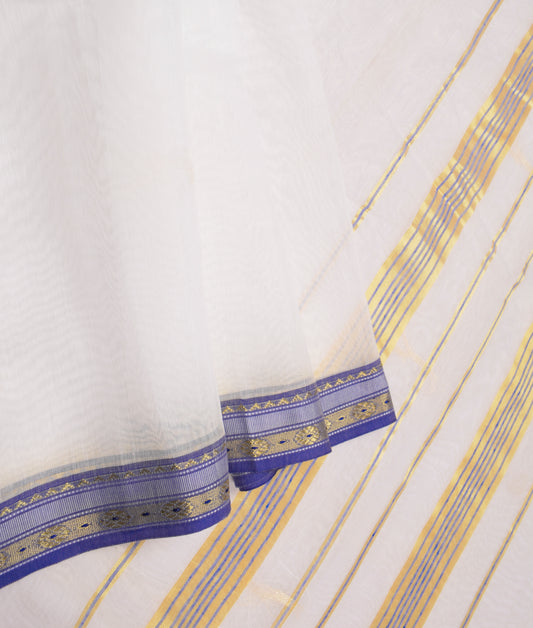 Sushila Vintage Kerala Kasavu Saree Art Cotton blue Zari Woven 7Yard Sari Fabric