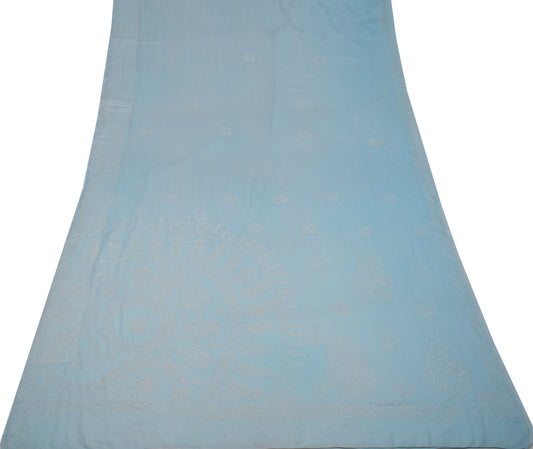Sushila Vintage Ice Blue Saree Art Cotton Lucknowi Chikankari Sari Craft Fabric