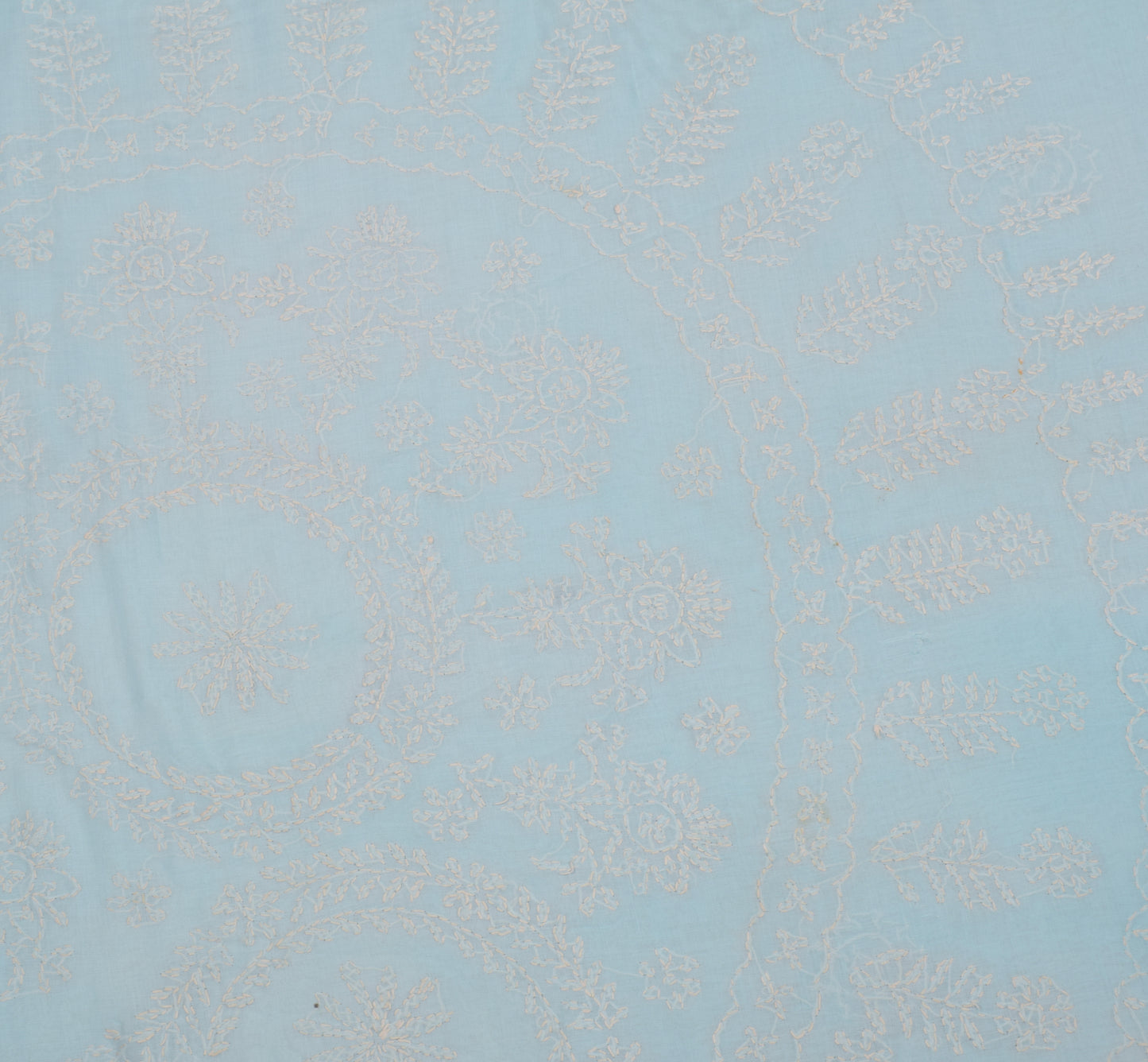 Sushila Vintage Ice Blue Saree Art Cotton Lucknowi Chikankari Sari Craft Fabric
