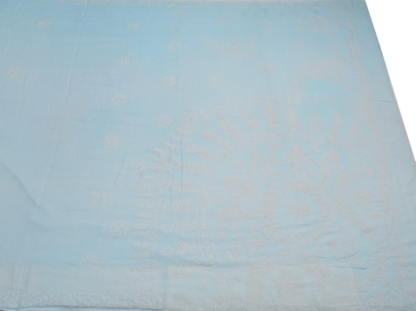 Sushila Vintage Ice Blue Saree Art Cotton Lucknowi Chikankari Sari Craft Fabric