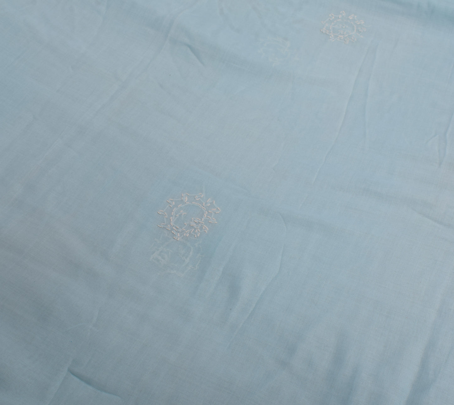 Sushila Vintage Ice Blue Saree Art Cotton Lucknowi Chikankari Sari Craft Fabric