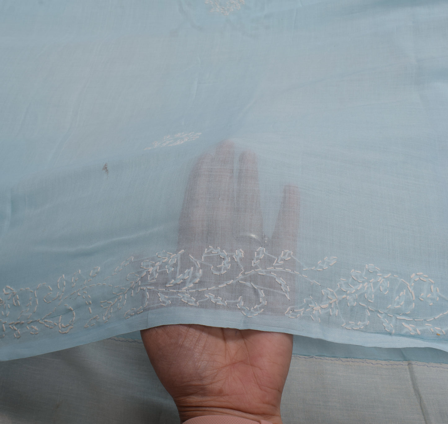 Sushila Vintage Ice Blue Saree Art Cotton Lucknowi Chikankari Sari Craft Fabric