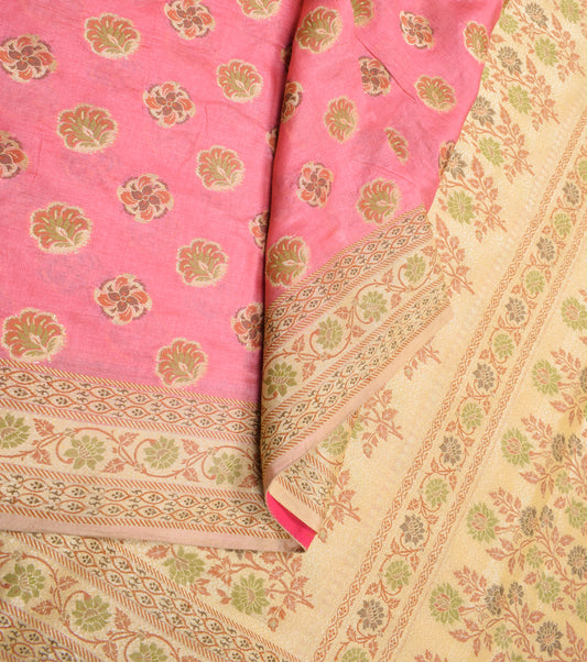 Sushila Vintage Pink & Gold Saree Floral Woven Pure Tussar Silk Sari Craft Fabric