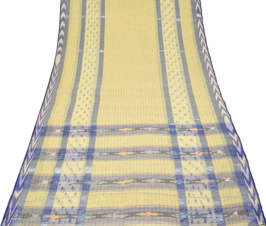 Sushila Vintage Bengal Tant Woven Saree Yellow Blue Pure Cotton Sari Fabric