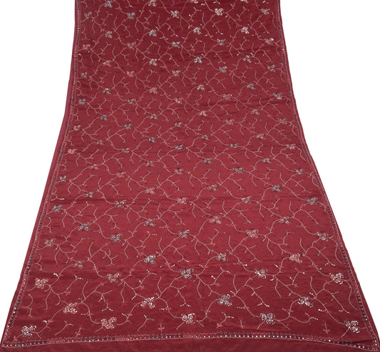 Sushila Vintage Maroon Mirror Work Saree HEAVY Pure Crepe Silk Soft Sari Craft Fabric