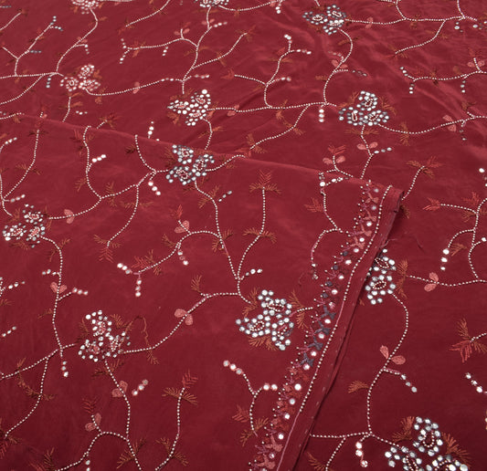 Sushila Vintage Maroon Mirror Work Saree HEAVY Pure Crepe Silk Soft Sari Craft Fabric