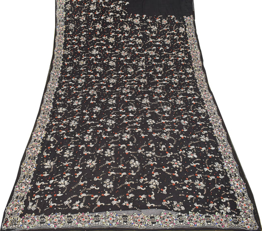Sushila Vintage HEAVY Black Saree Pure Georgette Floral Thread Sequin Work Sari Craft Fabric