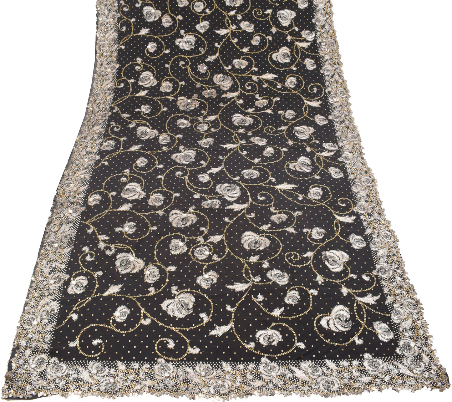 Sushila Vintage HEAVY Black Saree Sequins Zari Embellish Pure Georgette Sari Fabric
