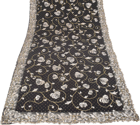 Sushila Vintage HEAVY Black Saree Sequins Zari Embellish Pure Georgette Sari Fabric