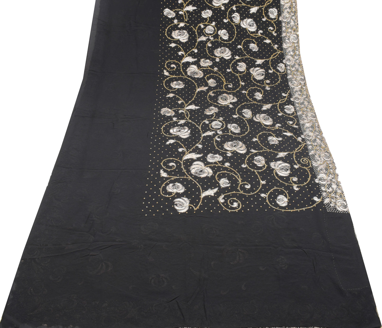 Sushila Vintage HEAVY Black Saree Sequins Zari Embellish Pure Georgette Sari Fabric