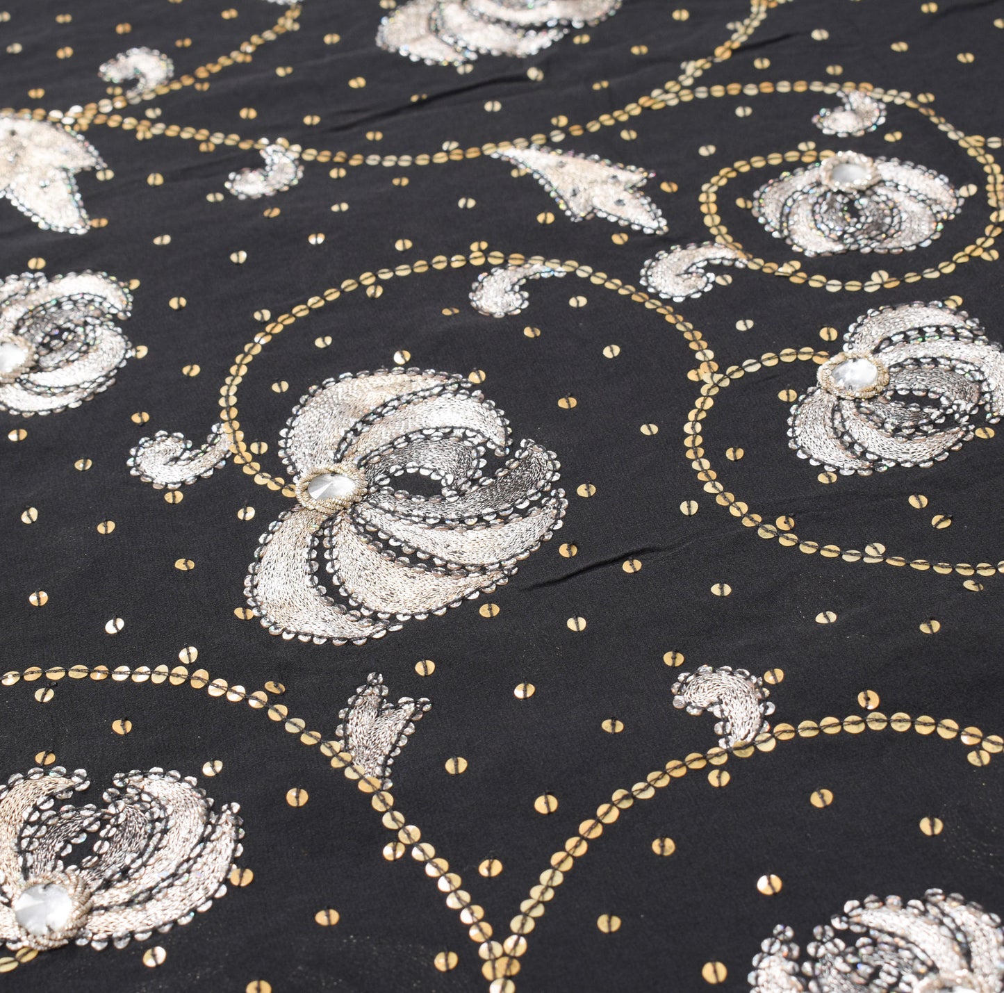 Sushila Vintage HEAVY Black Saree Sequins Zari Embellish Pure Georgette Sari Fabric