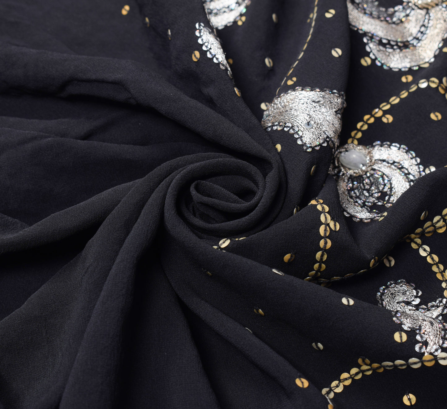 Sushila Vintage HEAVY Black Saree Sequins Zari Embellish Pure Georgette Sari Fabric