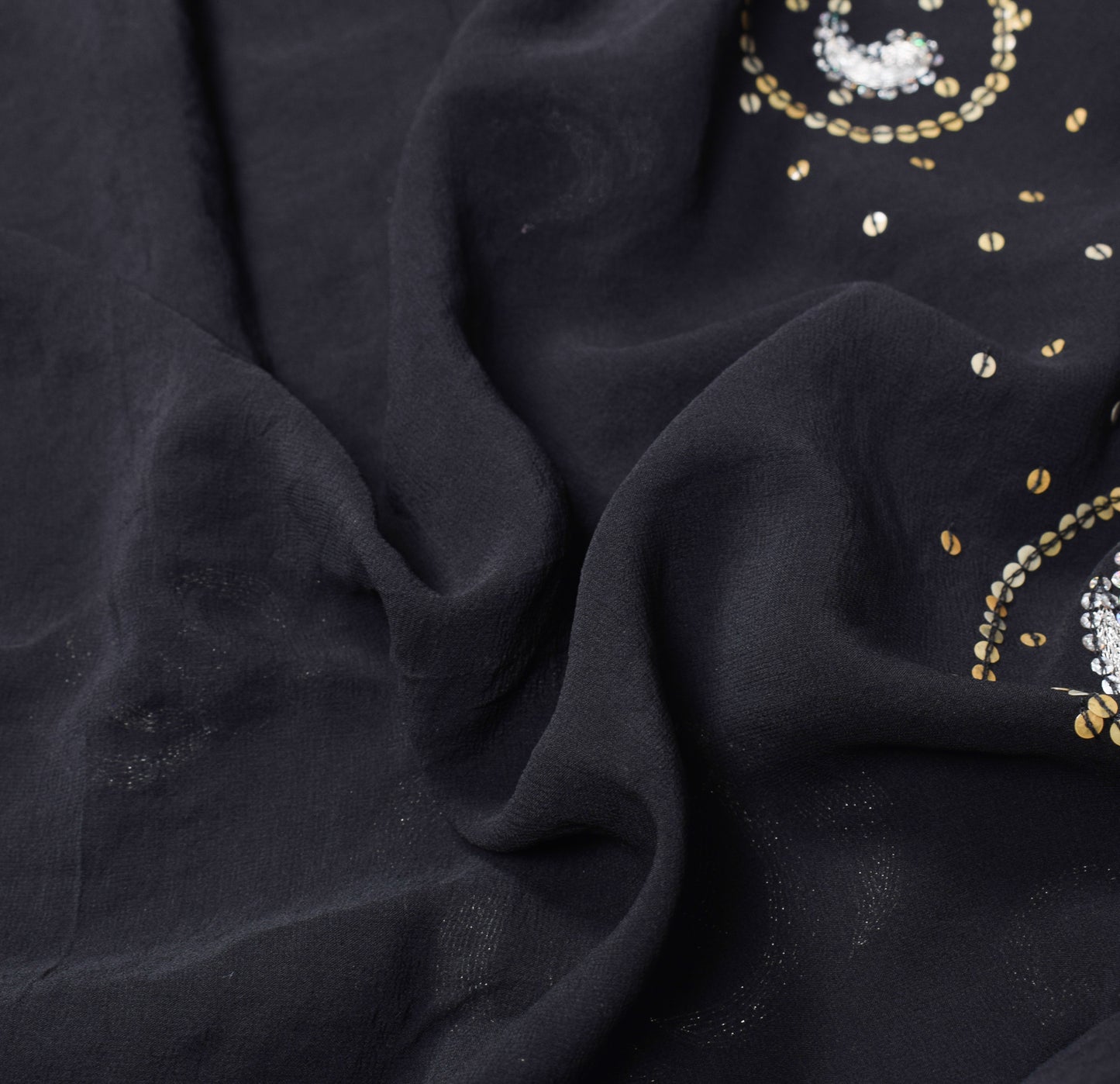 Sushila Vintage HEAVY Black Saree Sequins Zari Embellish Pure Georgette Sari Fabric