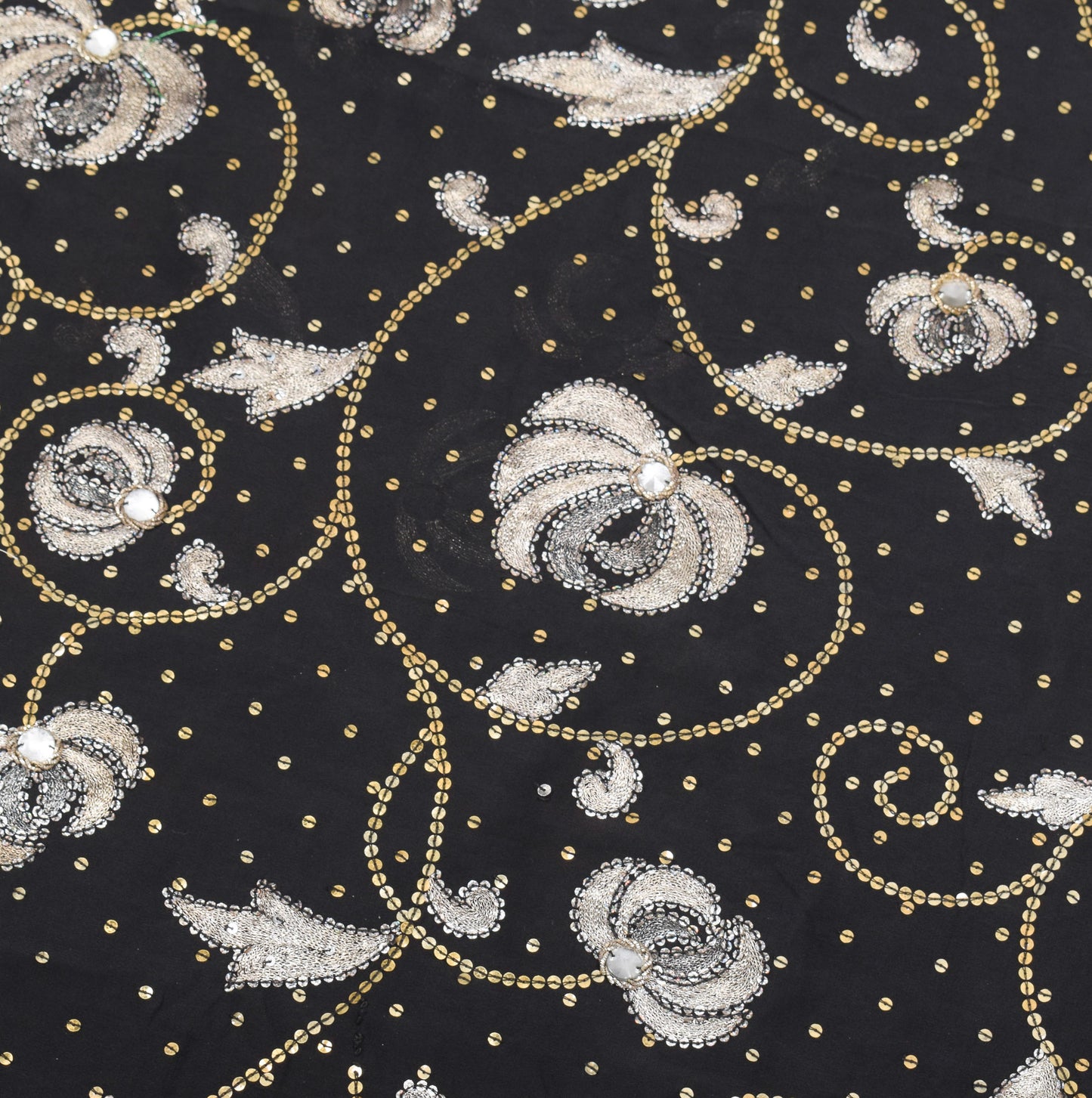 Sushila Vintage HEAVY Black Saree Sequins Zari Embellish Pure Georgette Sari Fabric