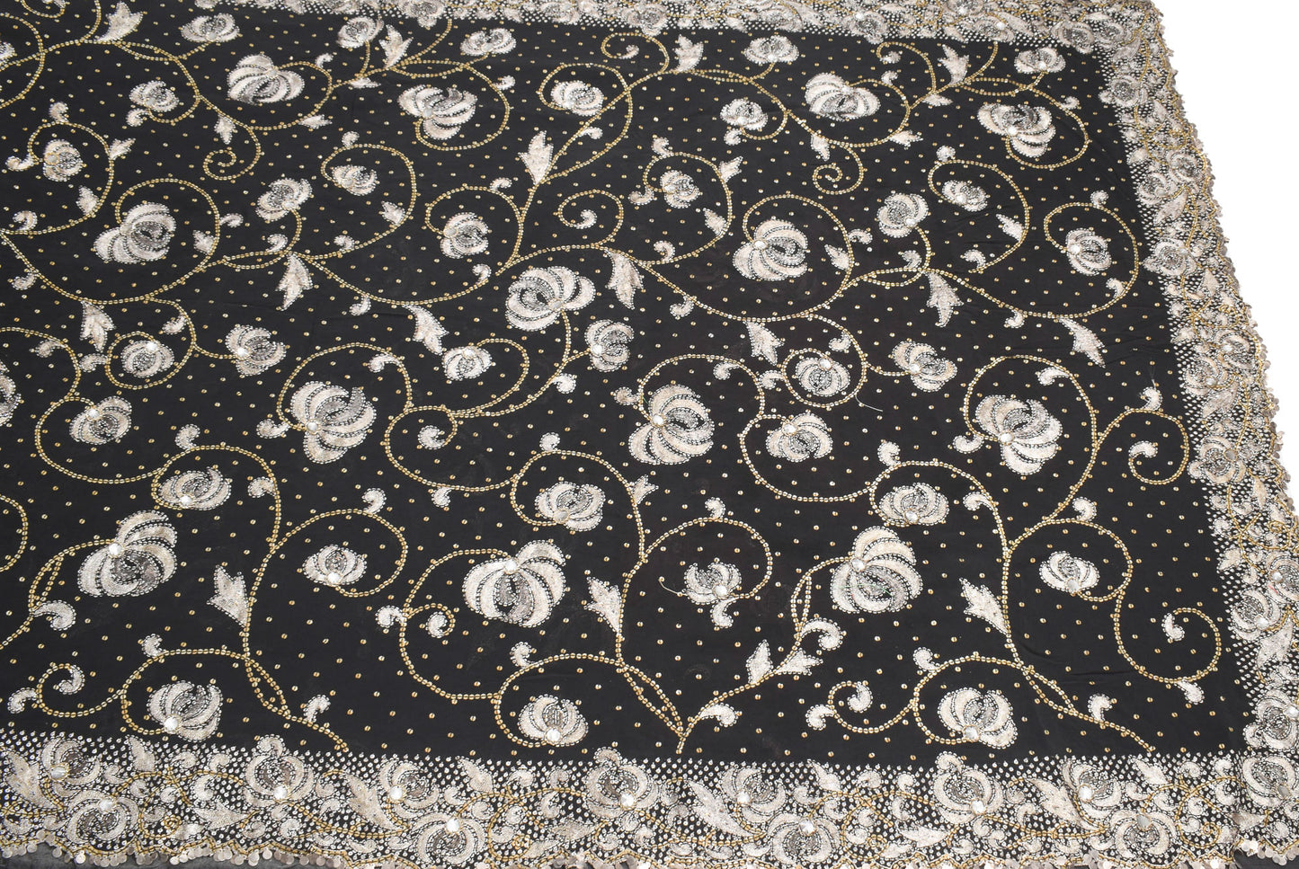 Sushila Vintage HEAVY Black Saree Sequins Zari Embellish Pure Georgette Sari Fabric