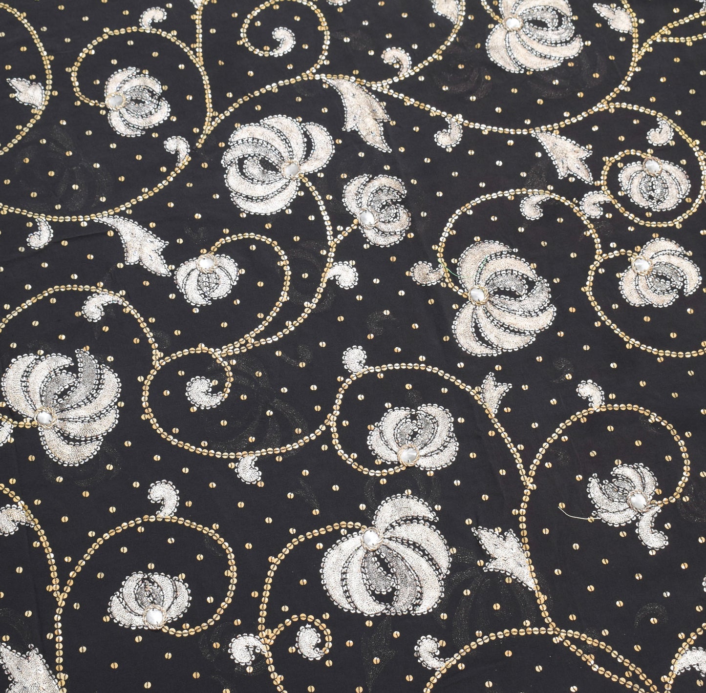 Sushila Vintage HEAVY Black Saree Sequins Zari Embellish Pure Georgette Sari Fabric