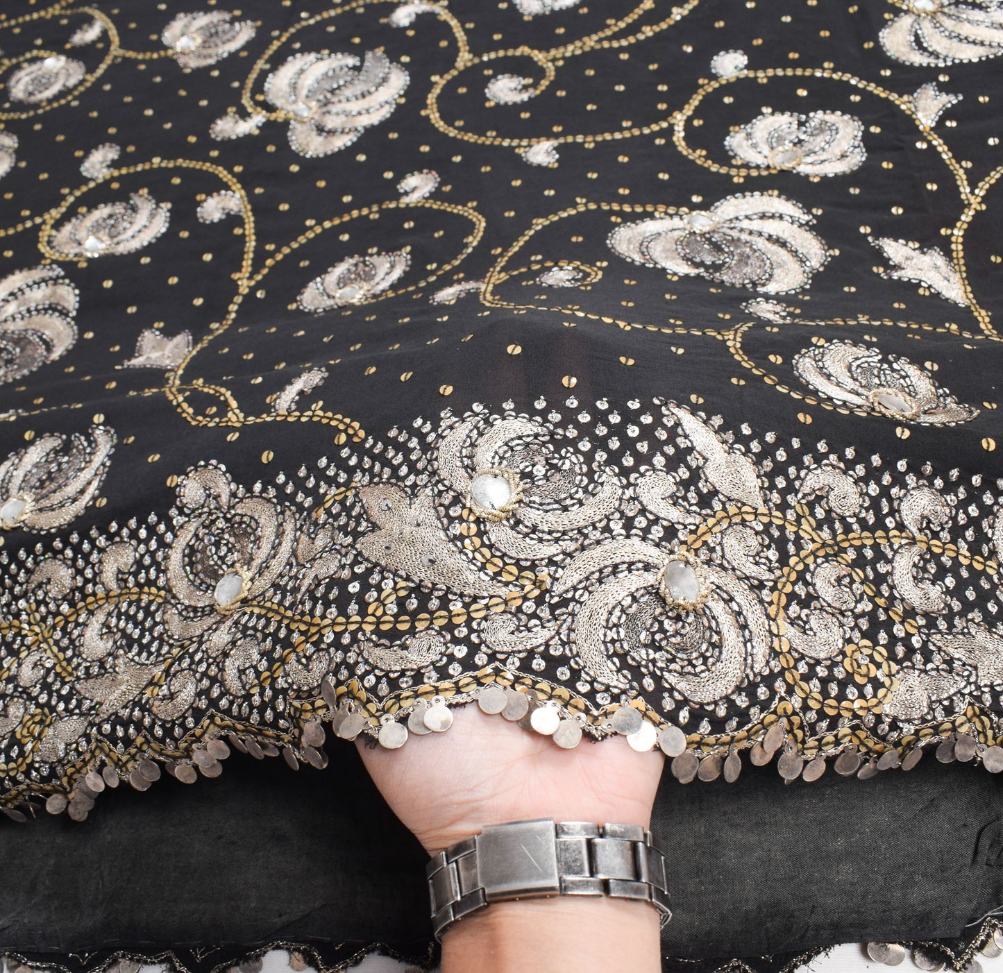 Sushila Vintage HEAVY Black Saree Sequins Zari Embellish Pure Georgette Sari Fabric