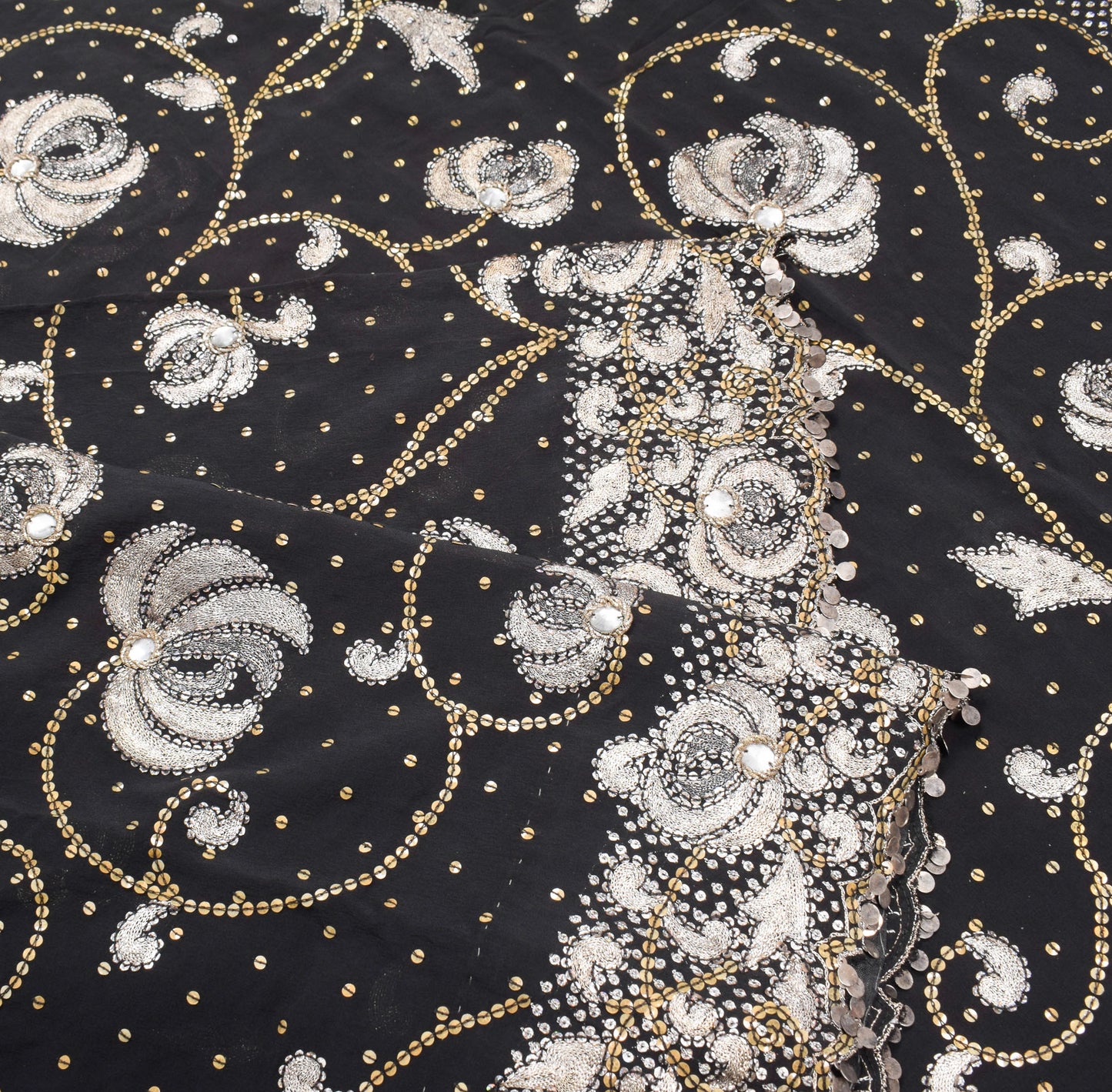 Sushila Vintage HEAVY Black Saree Sequins Zari Embellish Pure Georgette Sari Fabric