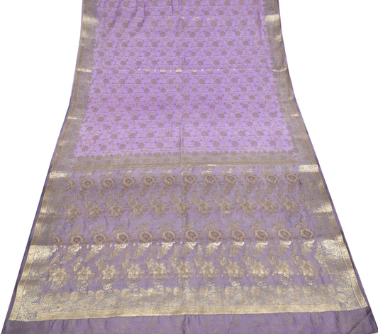 Sushila Vintage Gold Zari Brocade Saree Pure Silk Purple Sari Craft Fabric