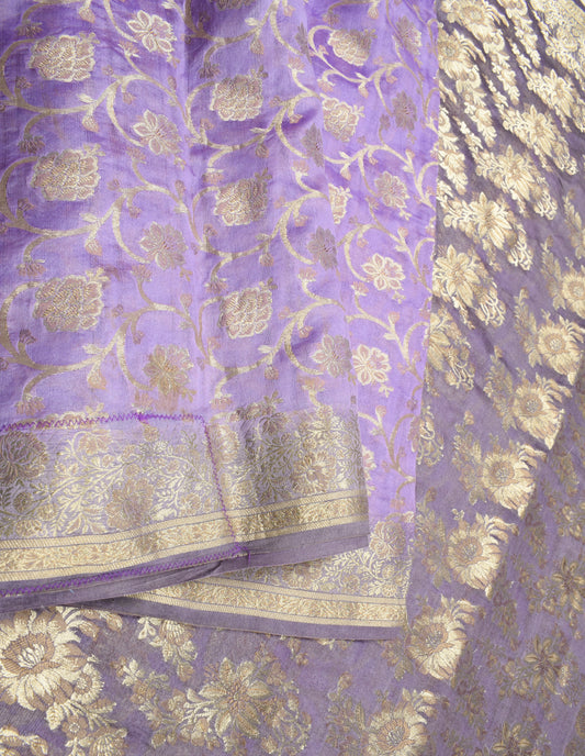 Sushila Vintage Gold Zari Brocade Saree Pure Silk Purple Sari Craft Fabric
