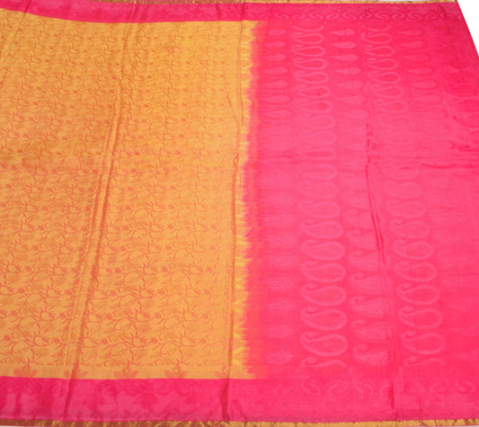 Sushila Vintage Magenta Yellow Saree Pure Silk Floral Woven Soft Sari Fabric